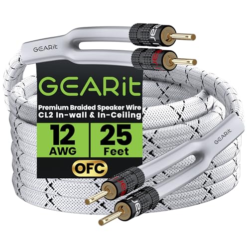 GearIT 12AWG Premium Heavy Duty Braided Speaker Wire (25 Feet) with Dual Gold Plated Banana Plug Tips - Oxygen-Free Copper (OFC) Construction, White