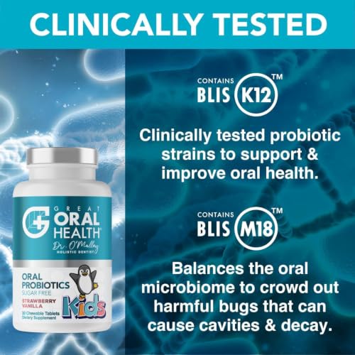 Image of Oral Probiotics for Mouth Bad Breath Treatment for Kids Dental Care & Cavity Prevention with BLIS K12 M18 - Dr Formulated Dental Probiotics for Teeth and Gums, 30 Chewable Tablets Strawberry Vanilla