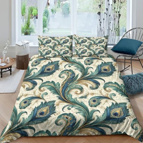 Linge de lit plumes de paon housse de couette 200x200 imprimé 3D avec zip - 4