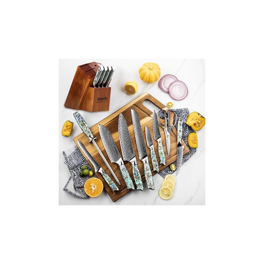13-Piece Awabi Knife Block Set – Premium VG-10 Damascus Steel Knives with Abalone Shell Resin Handles