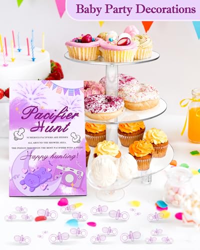 Image of Baby Shower Games, Baby Shower Decorations, 1 Baby Pacifier Hunt Sign and 50 Acrylic Pacifiers for Gender Reveal Games (Purple)