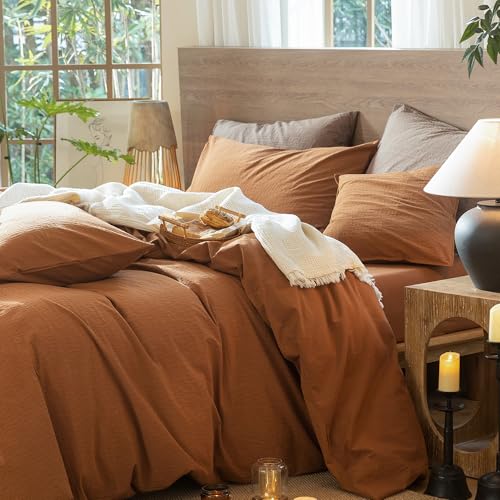 Image of MooMee Wavy Striped Duvet Cover Set 100% Washed Cotton Linen Like Textured Breathable Durable Soft Comfy (Dark Orange, Queen 90 inchx90 inch)