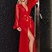 Lingerie for Women Sexy Long Lace Kimono Robe Mesh Sheer Chemise Bell Sleeve Fur Trim Gown Swimsuit V Neck Cover Up Red
