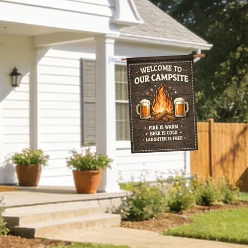 Image of Nuxovilar Camping Flag Fire Pit Garden Flag 28x40 Inches Polyester | Campsite Banner Vintage Lawn Decor Campsite Fire Pit Entryway (Rustic Campfire)