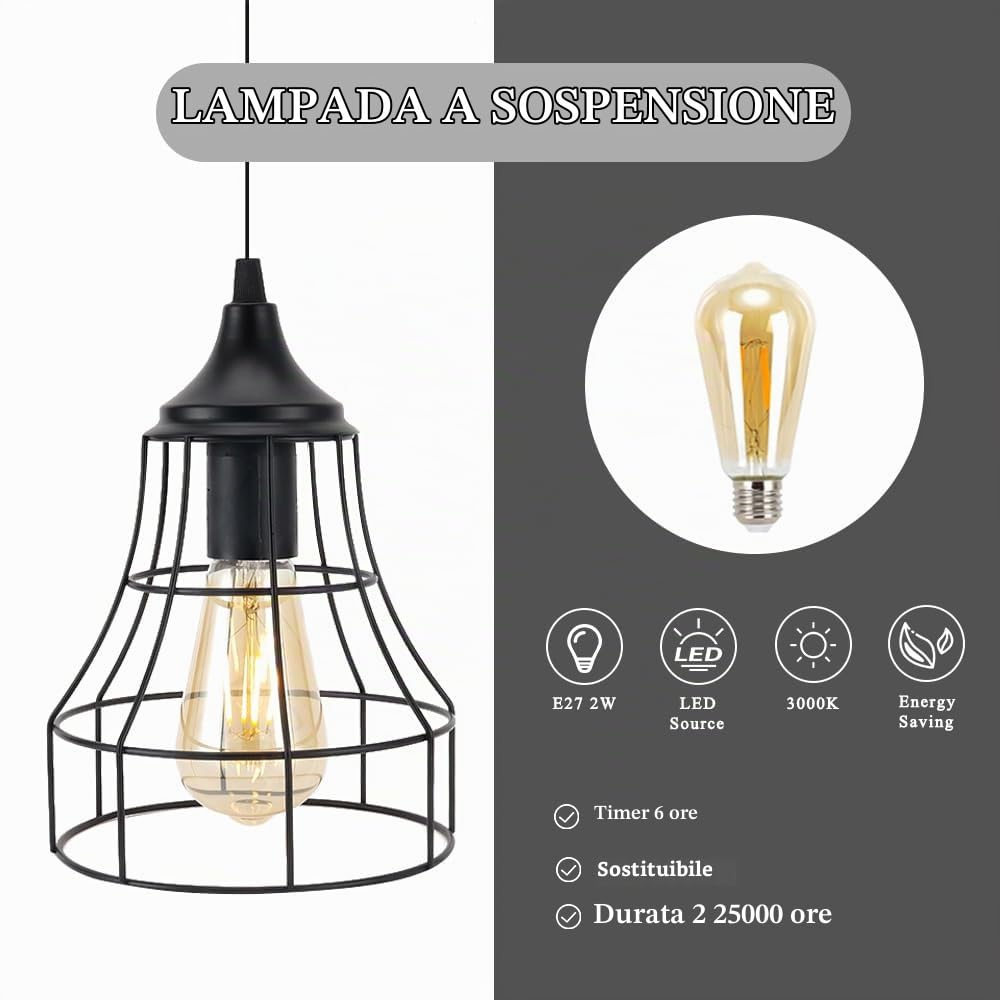 JHY DESIGN Lampada sospesa a batteria, Lampada decorativa in metallo a gabbia, con timer di 6 ore, per camera da letto, giardino, feste, terrazza, interni ed esterni (Nera, geometrica)