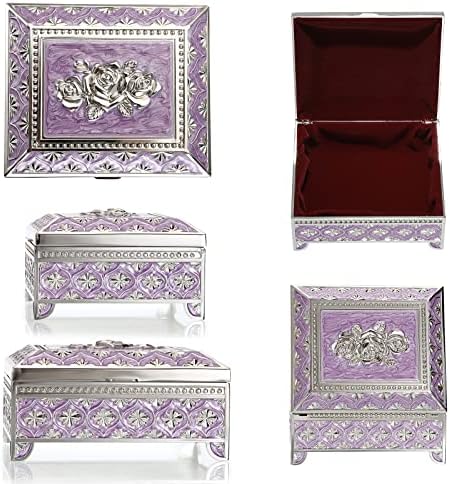 IGNPION Metal Jewelry Box Rose Engraved Trinket Holder Earrings Rings Trinket Storage box Jewelry Keepsake Ornate Display Case for Birthday, Wedding, Mothers Days Gifts, Silver+Purple