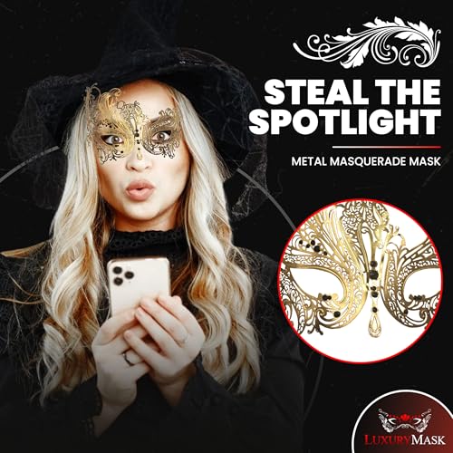 Image of Metal Filigree Masquerade Mask for Women - Swan Style Mask with Rhinestones for Mardi Gras, Prom, Halloween & Venetian Party