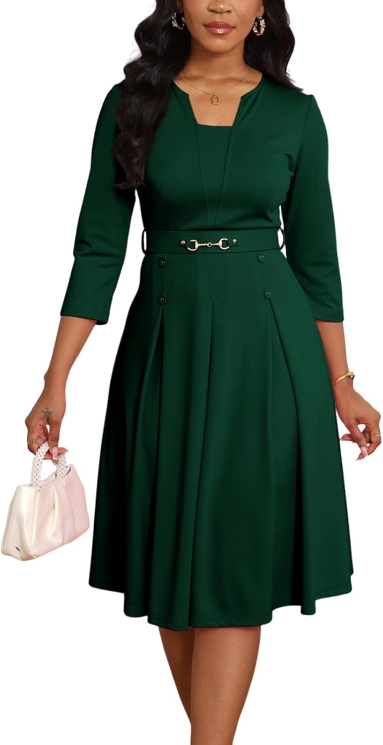 Elainone Womens 3/4 Sleeves Casual A Line Dress with Belt Church Work Wedding Guest Semi Formal Dresses