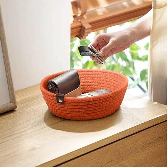 Image of Handmade Jute Cotton Storage Baskets Set of 3 for Dining Table, Fruit Basket & Roti Bowl, Cane Style Organizer for Kitchen, Home Decor, Washable Multipurpose (Orange)