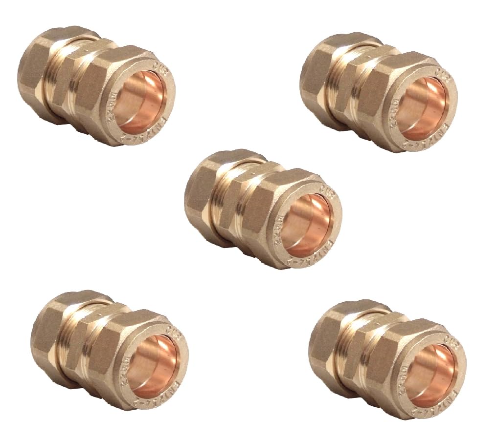 TC 15mm Brass Straight Compression Coupling Connector Fitting for Copper Pipe Pack of 5