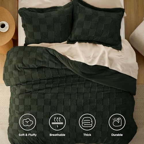 Image of Bedsure Full Size Comforter Set Dark Olive Green, Boho Tufted Bed Set, Checkered Farmhouse-Style Distressed Vintage Bedding, 3 Pieces, 1 Plaid Geometric Comforter and 2 Pillow Shams