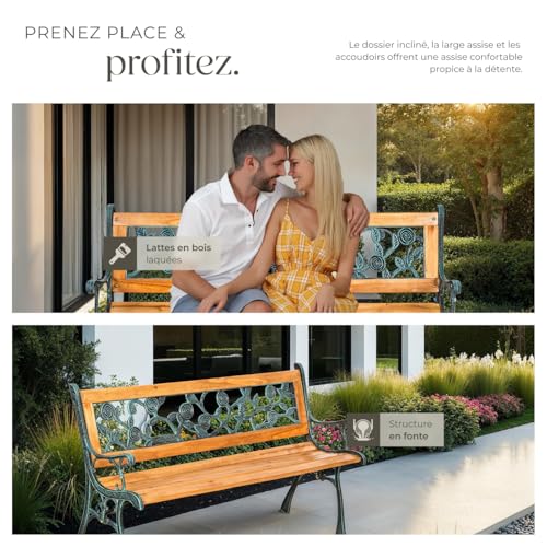 tectake® Banc de Jardin Solide en Bois Naturel laqué et Fer Forgé, Banquette de Jardin Résistant aux intempéries, Mobilier pour Amenagement Balcon Terrasse Veranda Pergola – vue 8