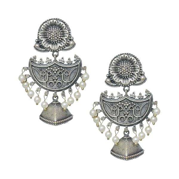 Redsify Silver Oxidised Plating Tribal Flower Dangle Earrings with White Pearl Beads for Women and Girls | 1 pair