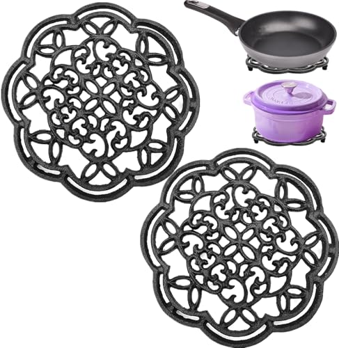 CEZOOWYEX Set di 2 sottopentola in ghisa, rotondi resistenti al calore, per cucina, 19 cm, colore nero, sottopentola decorativi resistenti, per piano di lavoro, tavolo