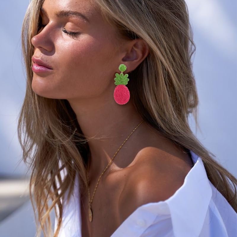 Boho Rattan Earrings for Women Handmade Hand-Woven Pineapple Earrings Funny Pineapple Fruit Dangle Earrings Summer Beach Jewelry Gifts - Image 2