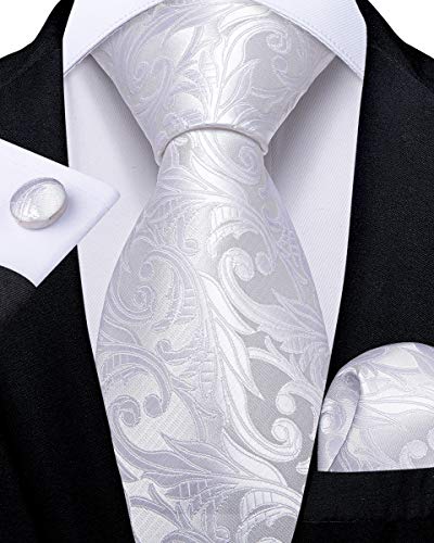 Dibangu Mens Formal Solid White Floral Necktie Set Silk Woven Pocket Square Cufflinks #TOP1
