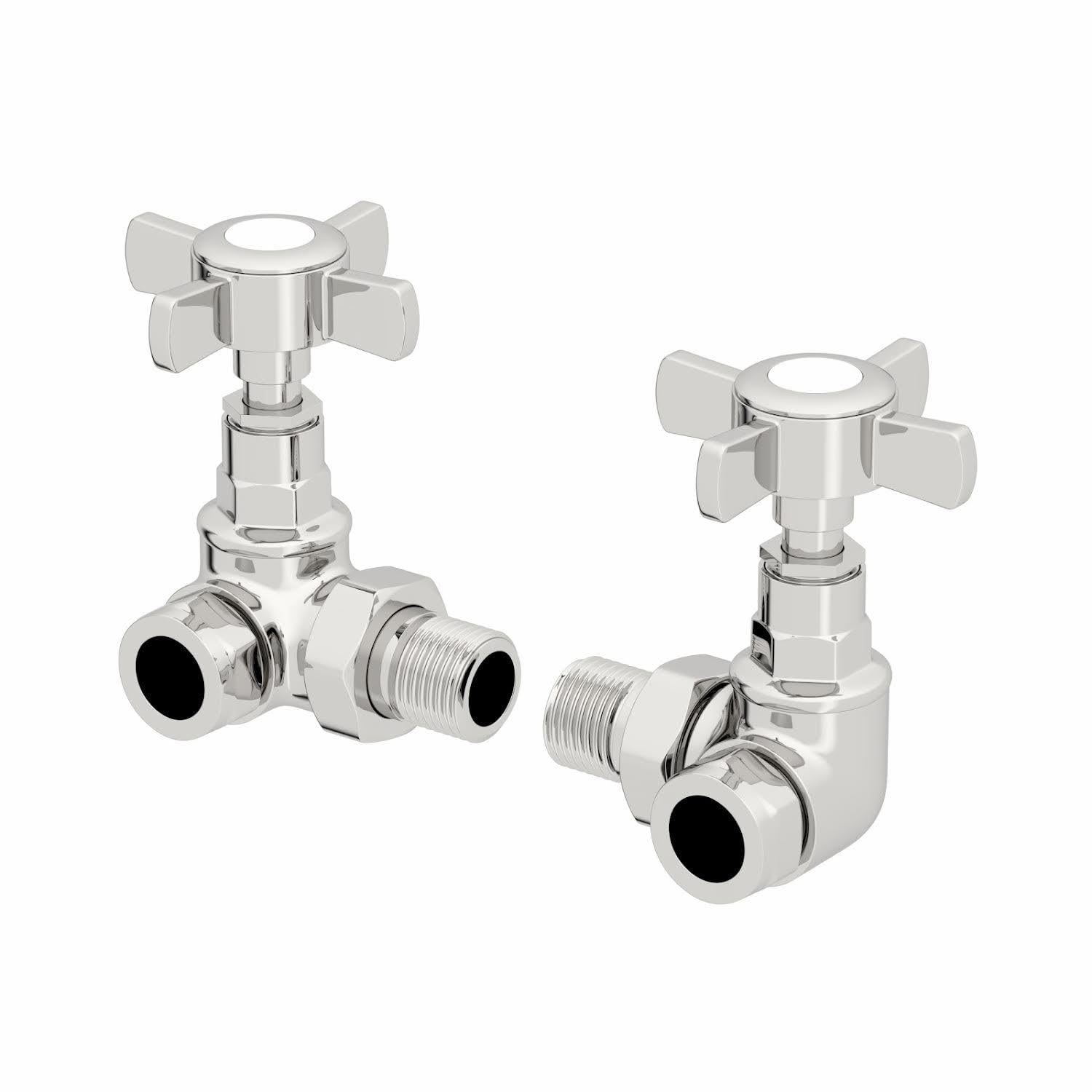 Duratherm Chrome Traditional Manual Corner Towel Radiator Valve Set, 15Mm Central Heating Valves For Radiators, Round Crosshead, Polished