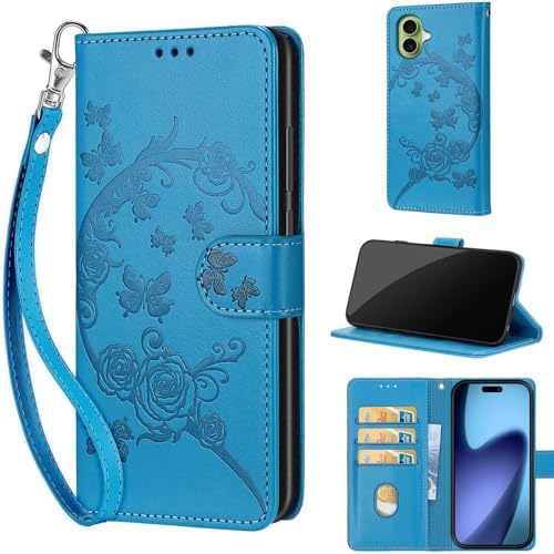 Étui iPhone 17 fleur bleue : votre portefeuille stylé pour les sorties quotidiennes