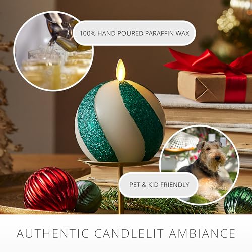 Image of Luminara - Flameless Holiday Crystal Beads Glitter Sphere Candle - Candy Cane Green- Pack of 1-4x4.25 - Auto Timer Built-in 5-Hour Timer Indoor Use