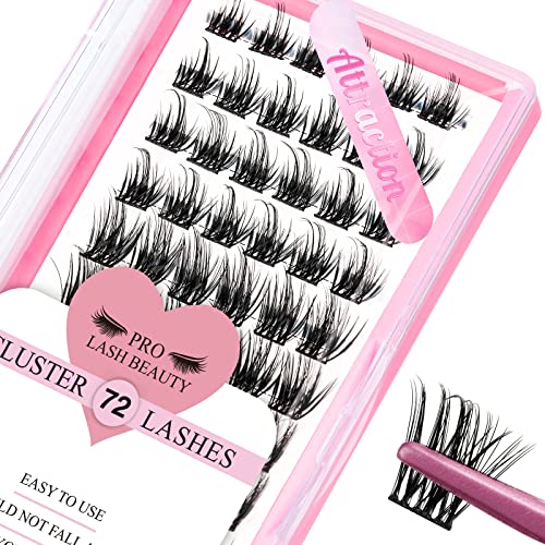 Cluster Lashes 72 Pcs Lash Clusters DIY Eyelash Extension Individual Lashes Thin Band Easy to Apply at home Lashes (Attraction, D-12mm)