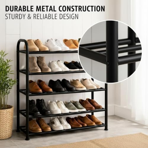 Image of 5-Tier Metal Shoe Rack for Home, Heavy Duty Shoe Stand Organizer, Space Saving Multi-Layer Footwear Storage Shelf for Entryway, Bedroom, Closet & Living Room, Black