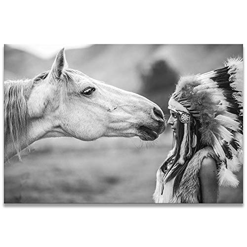 TWO J ブラック ホワイト 写真 プリント 写真 馬と羽 レディース キャンバス 絵画 北欧 デコレーション ウォールポスター リビングルーム ベッドルーム ホームデコ ストレッチ&フレーム入り すぐに掛けられる [幅18インチ x 高さ12インチ] [5]