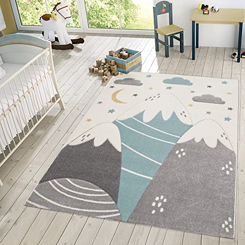 Image of Paco Home Kids Rug for Childrens Room Mountains Starry-Sky in Light Blue Gray White, Size: 6'7" x 9'6"