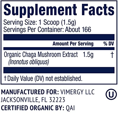 Vimergy Usda Organic Wild Chaga Mushroom Extract Powder, 166 Servings – Ideal In Chaga Tea, Coffee, Smoothies – Cardiovascular Support - Kosher, Vegan, No Gluten, Paleo - Pure Chaga, No Fillers (250G) #TOP3