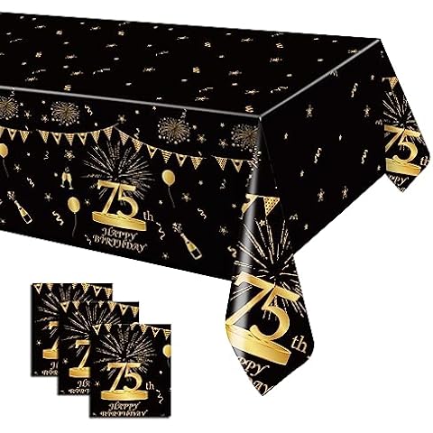 Pandecor 3 Pack Birthday Party Plastic Tablecloth,51'' x 107'' Black and Gold Plastic Table Cover for Birthday Party Decorations (75 Years Old) Cover