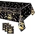Pandecor 3 Pack Birthday Party Plastic Tablecloth,51' x 107' Black and Gold Plastic Table Cover for Birthday Party Decorations (75 Years Old)