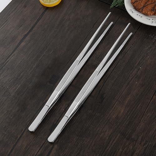 2 pinças de cozinha de aço inoxidável prateadas – Pinças finas ergonômicas premium para churrasco, cozinha e preparação de refeições