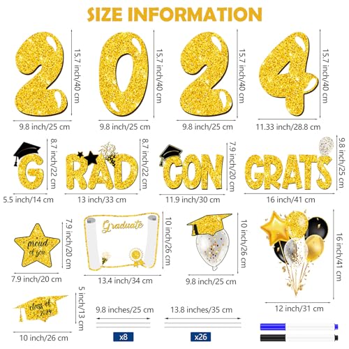 durony 17 Pieces 2024 Congrats Grad Lawn Yard Decor Large Waterproof Graduation Yard Signs with Stakes 2024 Congrats Grad Corrugated Signs with Marker for DIY Outdoor Graduation Party Supplies, Gold