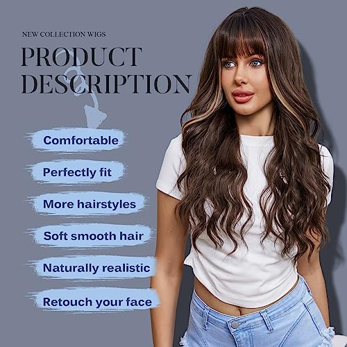 Kome Dark Brown Wigs With Bangs,Brown Highlight Long Wavy Wig For Women,Long Curly Synthetic Hair Wig For Party Daily Use 24In #TOP1