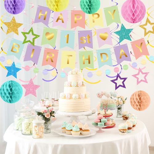 Dispowreath DIY Birthday Decorations Reusable Happy Birthday Banner with Honeycomb Balls Hanging Swi
