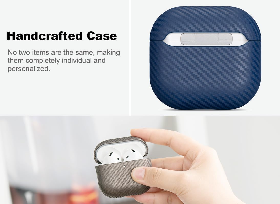 Haobobro Leather Case - for AirPods 4 with Active Noise Cancellation/AirPods 4 Case Cover - Selected Skin-Friendly Leather, with Carbon Fibre Texture, Handmade Drop Protective Hard Cover - Blue