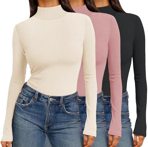 Ekouaer 1/3 Pack Langarmshirt Damen Gerippt Longsleeve Rollkragenshirt | Basic Thermo Oberteil, Weich Tops, Dünn Layern für Herbst Winter, Slim Fit, Sexy, Lässig Büro Alltag