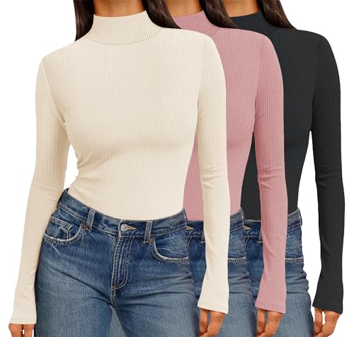 3 Pack Women Turtleneck Shirts Ribbed Thermal Tops Long Sleeve Layer Tees
