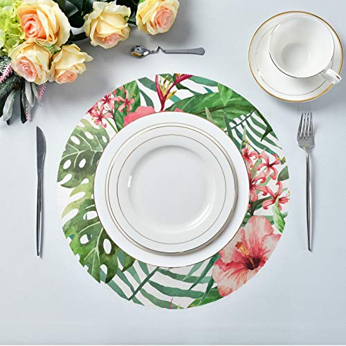 Kaariok Watercolor Flower Palm Tropical Green Leaf Pink Floral Round Placemats For Dining Table Set Of 4 Non Slip Place Mats For Kitchen Table #TOP4