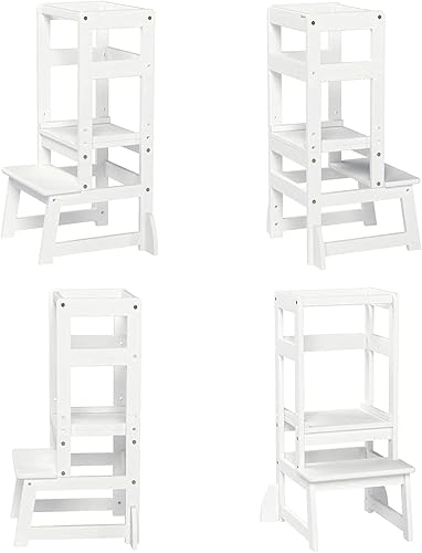 Miniatura 5 de Wiifo Taburete de cocina para niños pequeños, taburete de aprendizaje Montessori de altura ajustable, torre de pie para niños pequeños (blanco)