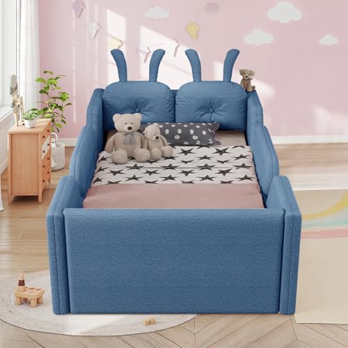 Image of Twin Size Kids Bed with Rabbit Cushions, Upholstered Boucle Fabric Platform Floor Twin Daybed with Removable Side Rail, Space-Saving Wooden Corner Sofa Couch Bed Frame for Girls, Boys, Teenager(Blue)