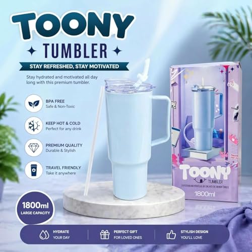 Image of 1800 ml Toony Tumbler with Straw | Large Capacity Insulated Travel Mug with Handle & Leak-Resistant Lid | Reusable Hot & Cold Beverage Tumbler