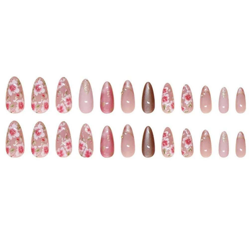 24pcs/30pcs/set Medium Long Fake Nails Flowers Golden Foil Bow Rhinestones Pink White Leopard Press On False Nails DIY Manicure(Y4)