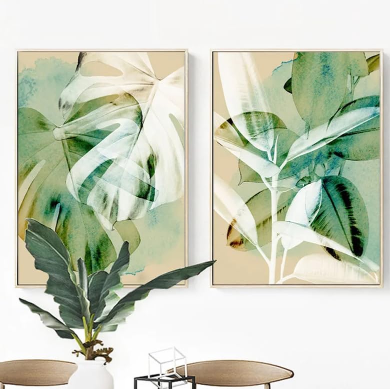 JMDMWA Pósters de lienzo con hojas de plantas verdes, cuadros de arte nórdico para pared, ideales para la decoración del hogar, sala de estar, dormitorio y pasillo (50x70cmx2/sin marco).