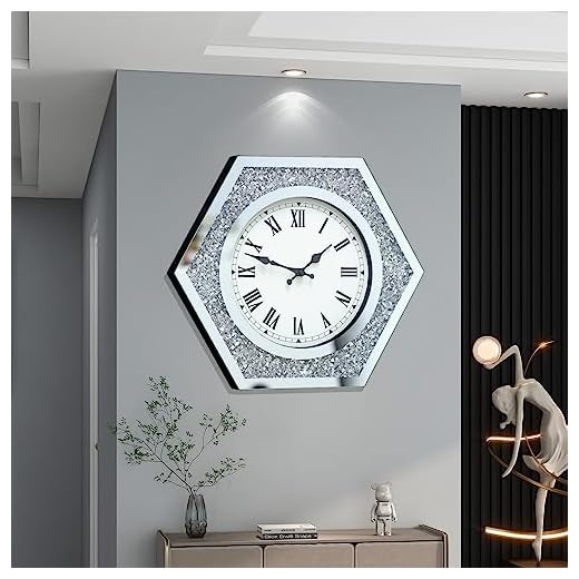 Large Wall Clock for Living Room Decor Crystal Crush Diamond Mirrored Sparkle Twinkle Bling Modern Wall Clock Big Silver Mirror Home Decorative 20 inch Silent Wall Clock for Indoor Decor