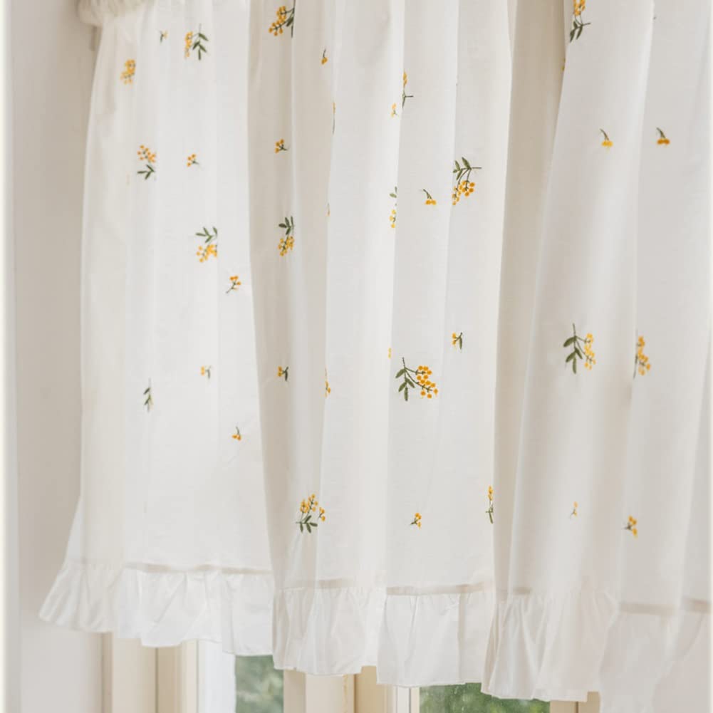 Rideau brodé de Fleurs françaises avec Volants, Rideau Court de Cuisine en Coton Rustique pour Salle de Bain, bistrot, Demi-Rideau pour Petites fenêtres (Color : Jaune, Size : WxH 135x140cm/53x55in