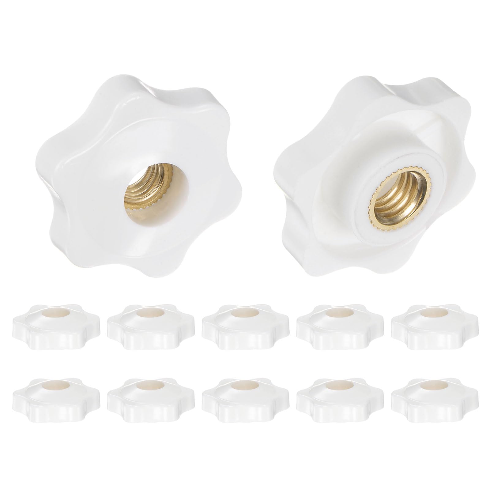HARFINGTON 12pcs Star Knobs M8 Female Thread 32mm 6-Point Plastic Head Brass Insert Through Hole Screw-in Threaded Hand Knob Clamping Handle, White