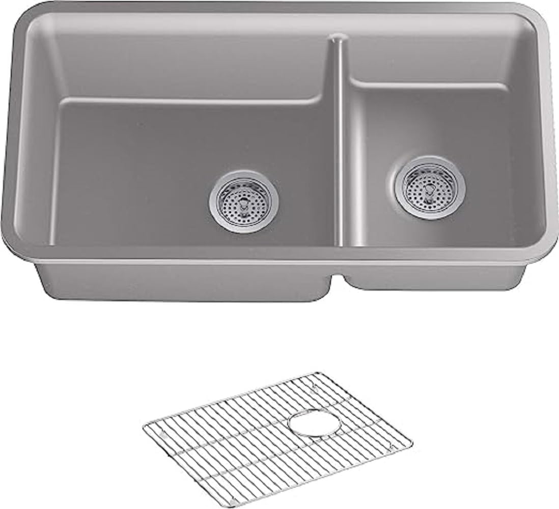 Kohler K-8204-CM4 Large/Med Undermount 2-Bowl Kitchen Sink with Rack Matte Grey