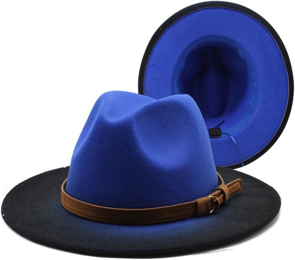 Two-Tone Fedora Hat with Leather Band, Red and Black, Wide Brim, Wool Felt