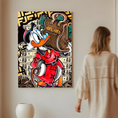 Image of Luxury Cartoon Duck Money Pop Art Canvas Painting For Living Room | Work Hard Success Theme Graffiti Wall Art Painting | Modern Street Style Artwork for Home & Office, 56x86 cm