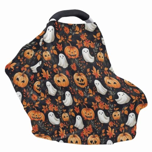 Image of Wanyint Baby Car Seat Cover Stretchy Carseat Canopy Baby Breastfeeding Stroller High Chair Shopping Cart Cover Infant Nursing Scarf Halloween Decoration, Pumpkin Ghost Fall Leaf